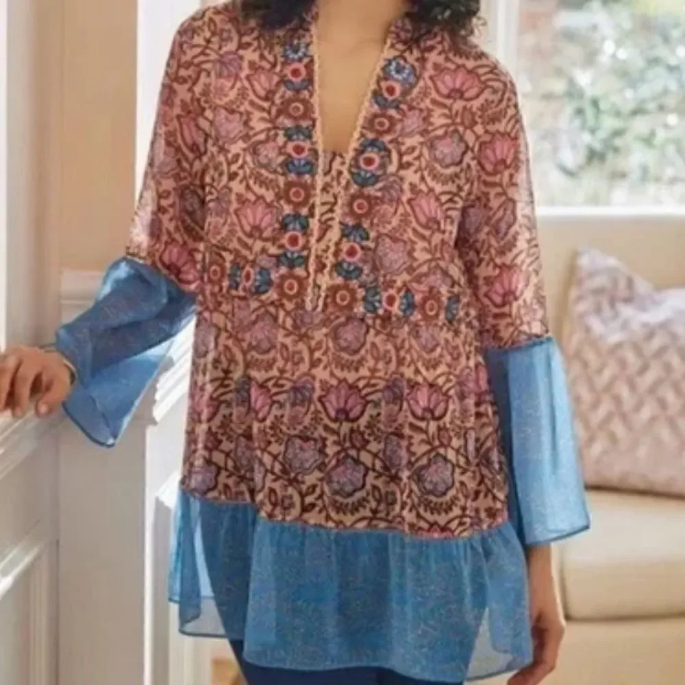 Soft Surroundings Pergola Blue Pink Floral Embroidered Sparkle Peasant Blouse